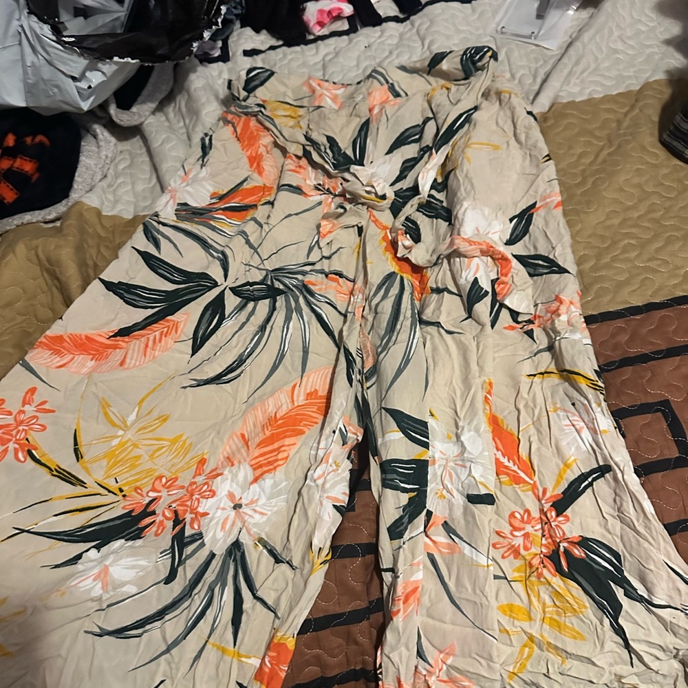 Cream and Orange Wide Leg Jumpsuit with Tropical Print